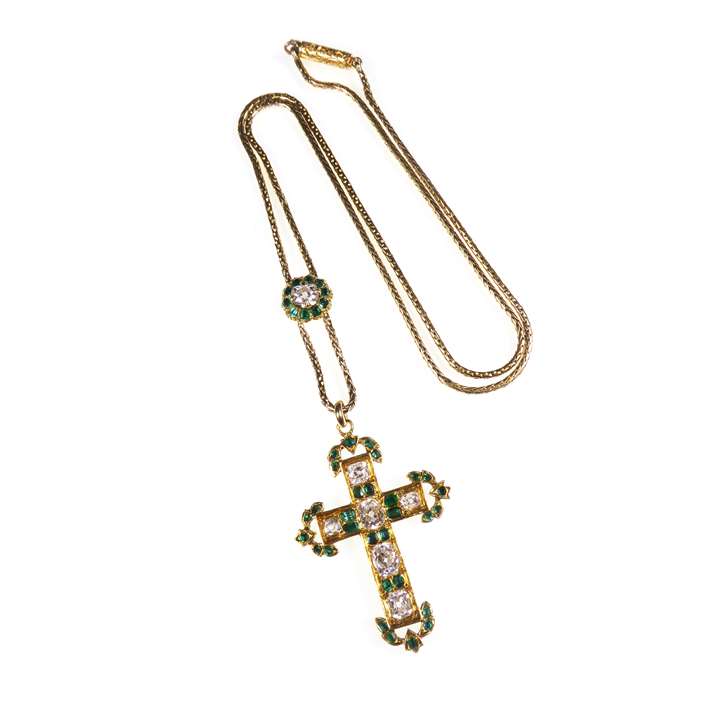 Emerald and gold cross pendant and chain necklace
